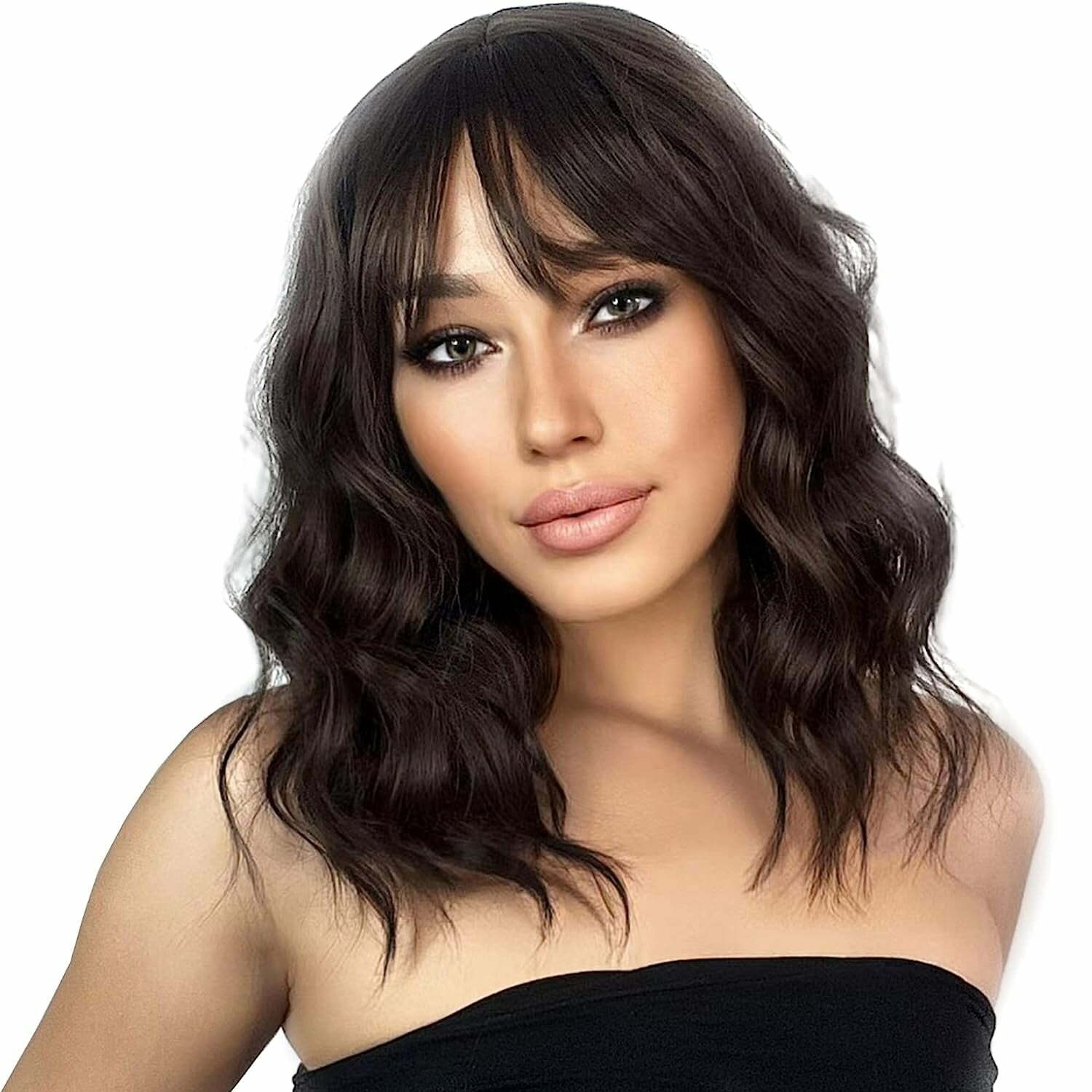 DOPI Short Wavy Bob Wig with Bangs, Synthetic Brown Bob Wigs for Women, Natural Looking Heat Resistant Bang Hair Wigs for Daily & Party 12
