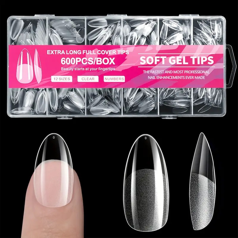 600pcs almond nail tips tips clear half matte   nails full cover acrylic nail tips for extension nail manicure salon 0
