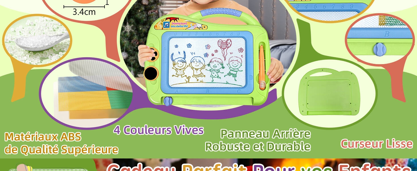 Interface de jouet éducatif affichant des icônes circulaires colorées et des éléments interactifs avec des graphismes de style dessin animé sur le thème vert et jaune
