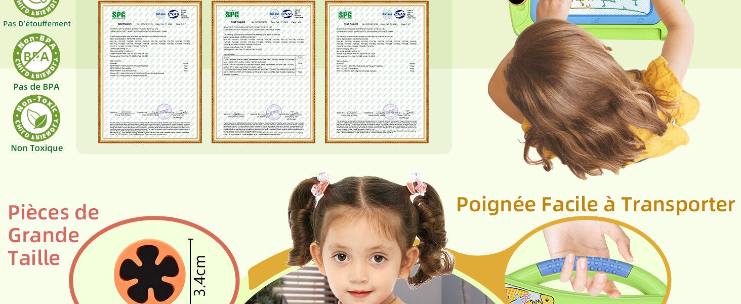 Image composite montrant des documents de certification et un enfant avec des nattes tenant un gros objet jaune, avec un texte en français décrivant les caractéristiques du produit