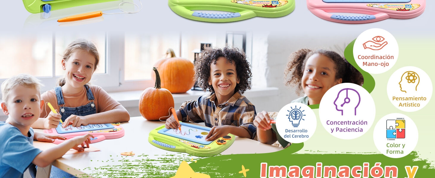 avec des crayons de couleur et du papier. Le produit met l'accent sur l'imagination et la créativité, avec des icônes représentant divers avantages pour le développement.