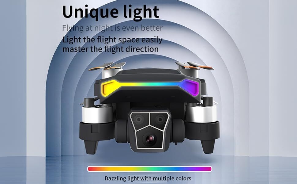 Le texte indique « Lumière unique ». Plusieurs vues d'un produit avec des bandes lumineuses, montrant des séquences lumineuses LED multicolores le long de son extérieur en rouge, jaune et bleu.