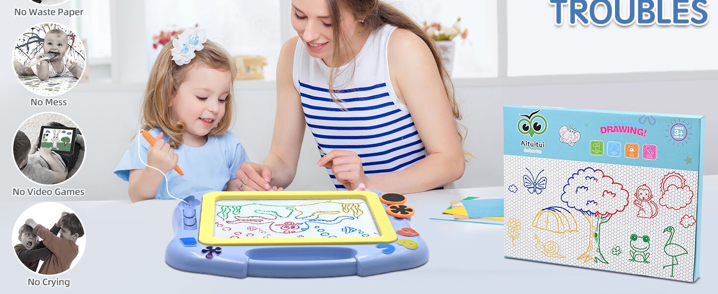 Children's drawing board with colorful display. A child uses it while an adult assists. Additional images show animal drawings and the word 'TROUBLES' is visible.
