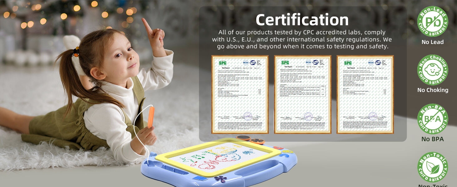 Blue children's tablet device with protective frame shown with certification documents and green certification icons displayed above.