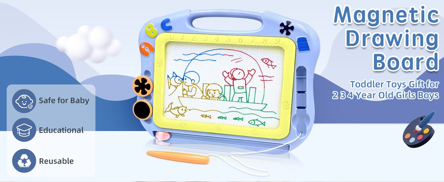Children's magnetic drawing board in blue and yellow with carrying handle, drawing area, and educational toy safety icons.