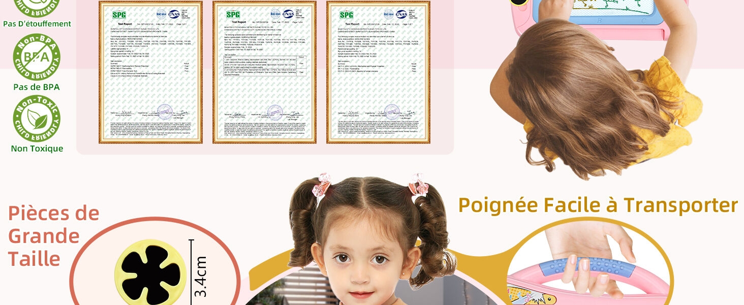 Collage d'informations sur le produit d'un article pour enfants, montrant les certifications, les détails des tailles et une image d'un enfant utilisant le produit.
