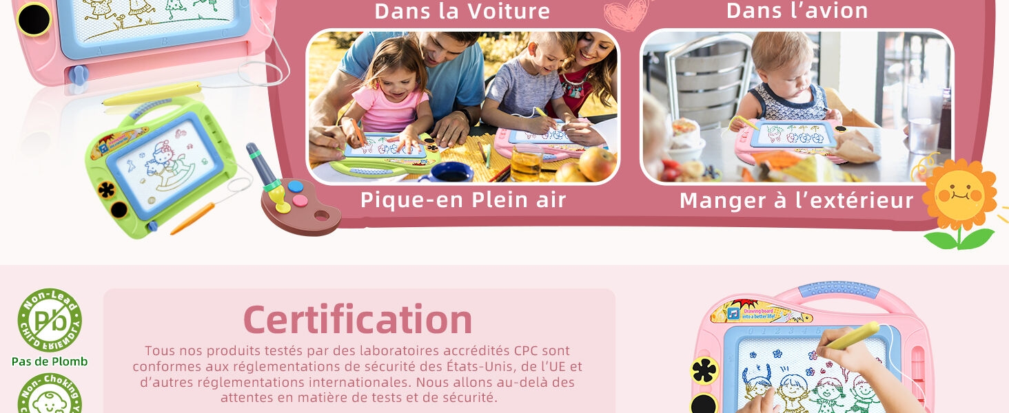 Publicité d'un ensemble d'activités pour enfants présentant divers scénarios de jeu, y compris des activités en voiture et en avion, avec des illustrations colorées