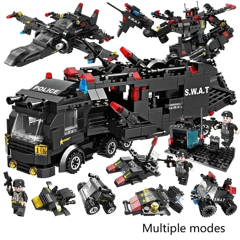 swat police vehicle robot car building blocks children educational toys birthday gifts for boys kids 0