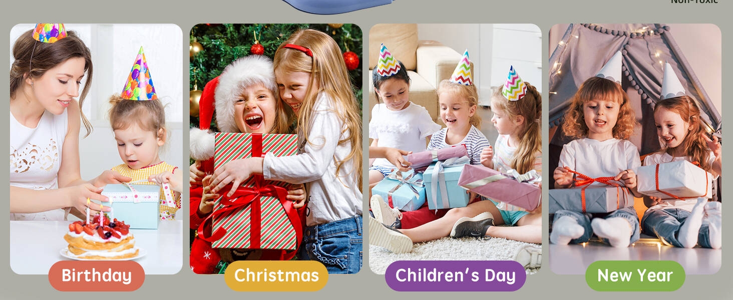 Le texte indique : « Anniversaire », « Noël », « Fête des enfants », « Nouvel An ». Collection de moments festifs illustrant des scènes d’échange de cadeaux, disposées en quatre panneaux.