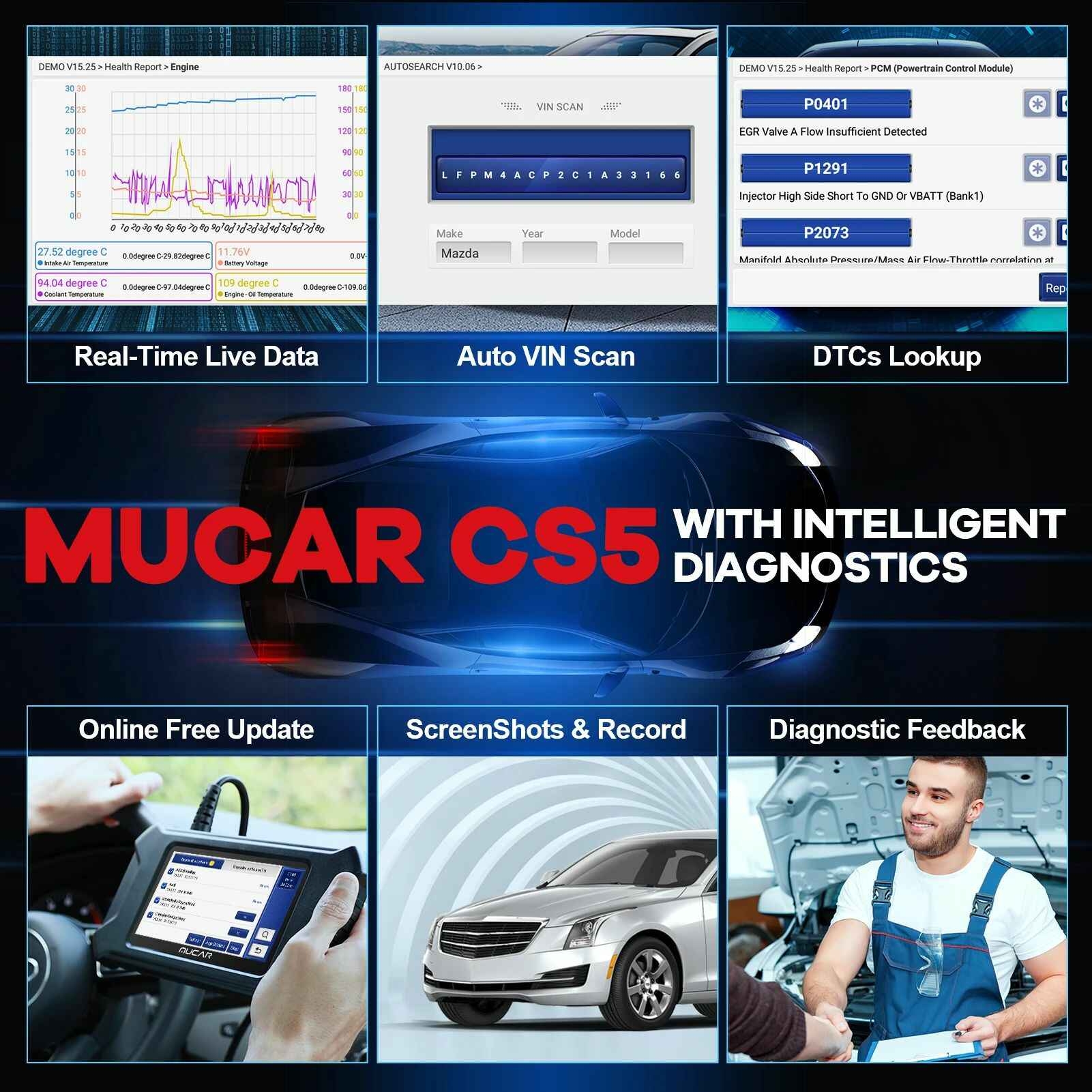 MUCAR CS5 Scanner OBD2 pour voiture ECM TCM ABS SRS BCM Outils de diagnostic automobile Testeur de batterie Outil automobile Mise à jour gratuite à vie