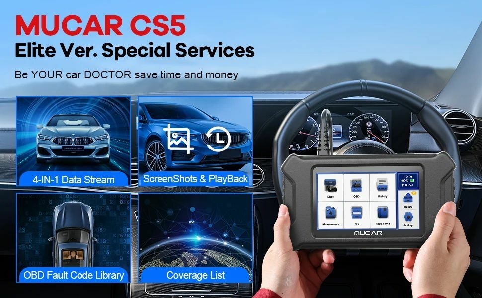 MUCAR CS5 Scanner OBD2 pour voiture ECM TCM ABS SRS BCM Outils de diagnostic automobile Testeur de batterie Outil automobile Mise à jour gratuite à vie