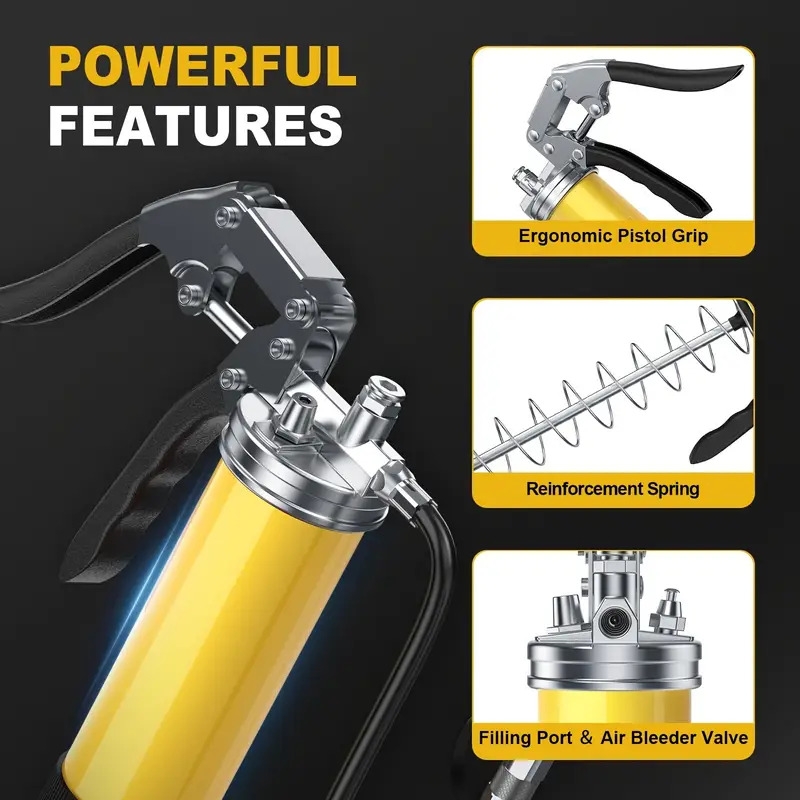 专业型润滑枪套装，具有8000 psi压力，配备14 oz润滑油盒、18英寸柔性软管、两个接头、两个硬管延长管以及一个锋利的喷嘴，有效润滑。 商品详情 1