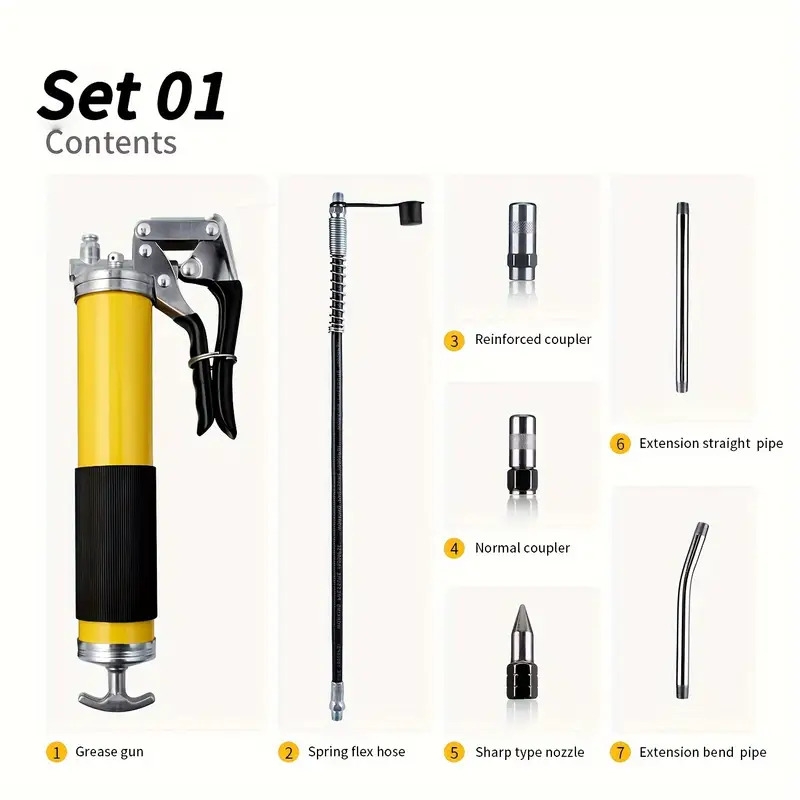 专业型润滑枪套装，具有8000 psi压力，配备14 oz润滑油盒、18英寸柔性软管、两个接头、两个硬管延长管以及一个锋利的喷嘴，有效润滑。 商品详情 4