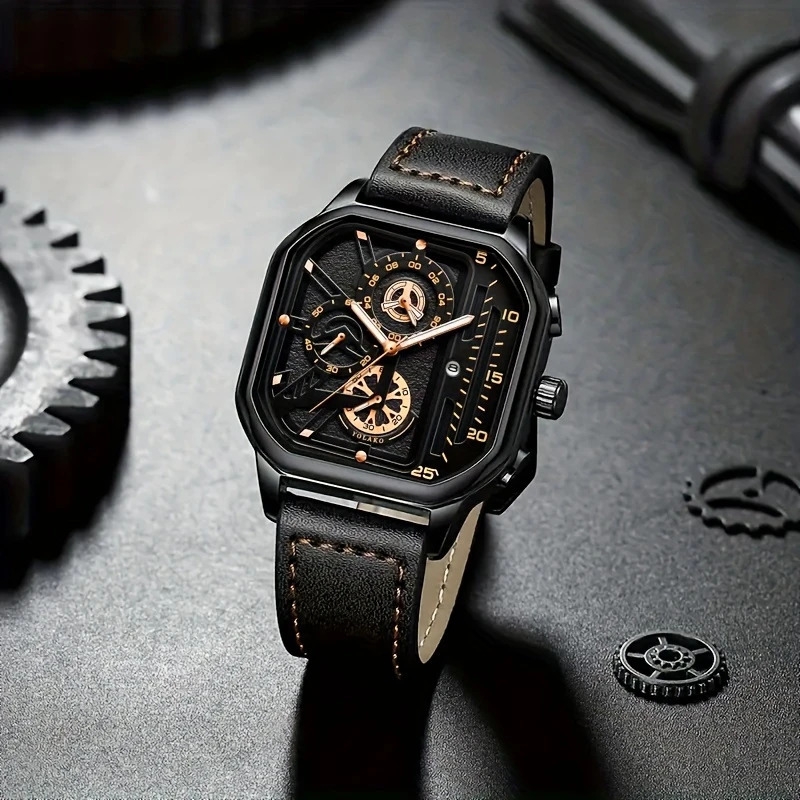 男士复古运动石英表，大表盘，日期日历，玫瑰金点缀与黑色仿皮带 - 商务休闲腕表，理想礼物，日常奢华手表，耐用腕表 详情 2