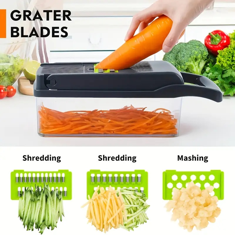 16 in 1 multifunctional vegetable chopper and slicer set manual food processor with container drain basket and hand guard ideal for potatoes onions carrots garlic no power required green and black vegetable slicer and details 4
