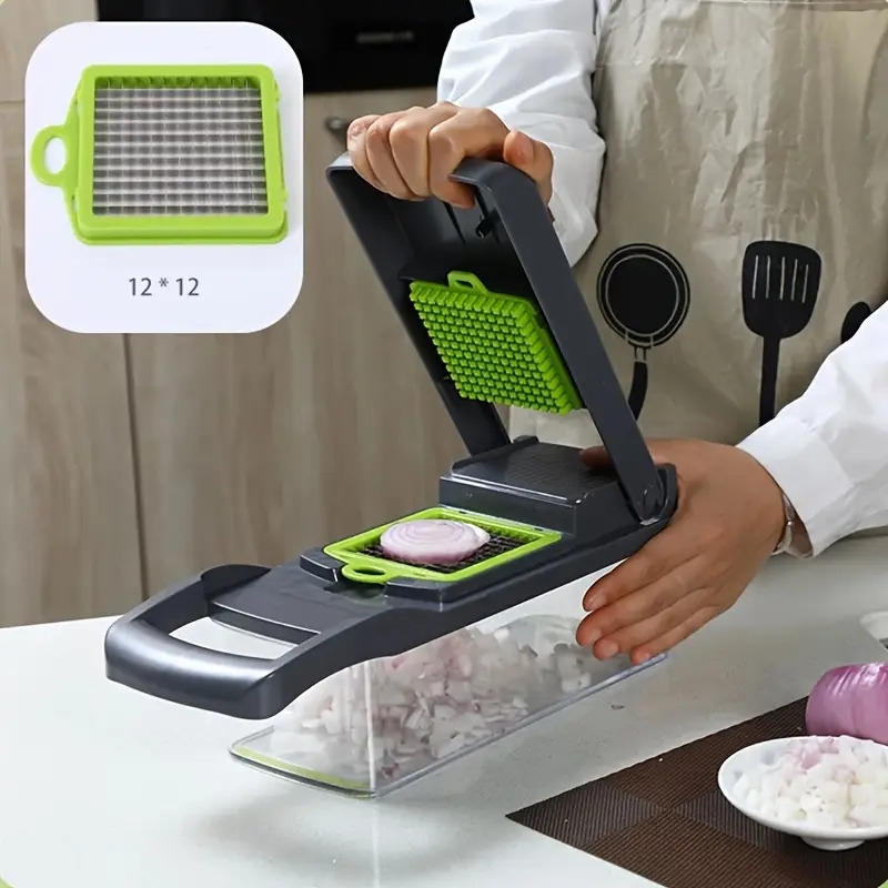 16 in 1 multifunctional vegetable chopper and slicer set manual food processor with container drain basket and hand guard ideal for potatoes onions carrots garlic no power required green and black vegetable slicer and details 8