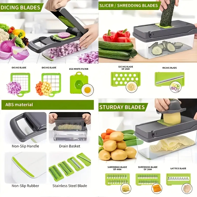 16 in 1 multifunctional vegetable chopper and slicer set manual food processor with container drain basket and hand guard ideal for potatoes onions carrots garlic no power required green and black vegetable slicer and details 1