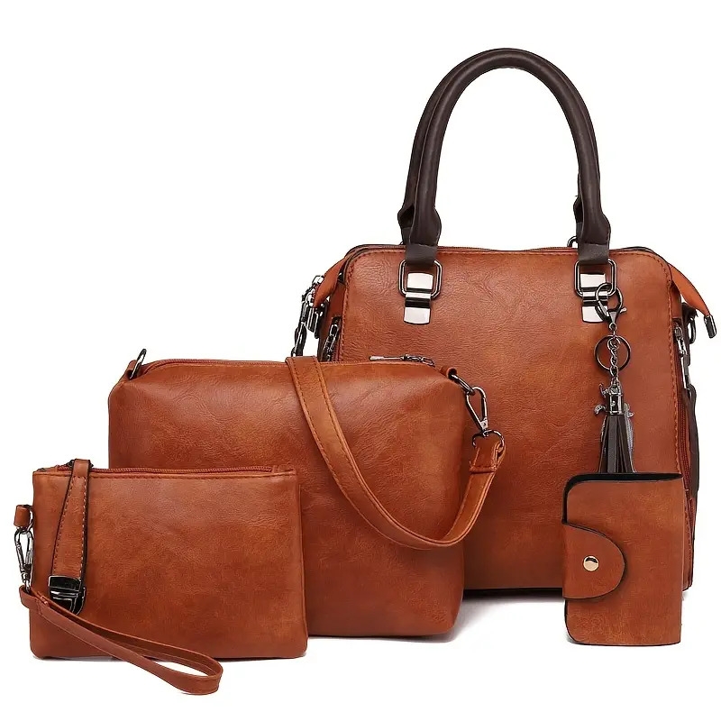 4pcs retro tassel handbag set womens fashion tote bag with crossbody bag clutch bag credit card holder brown 14