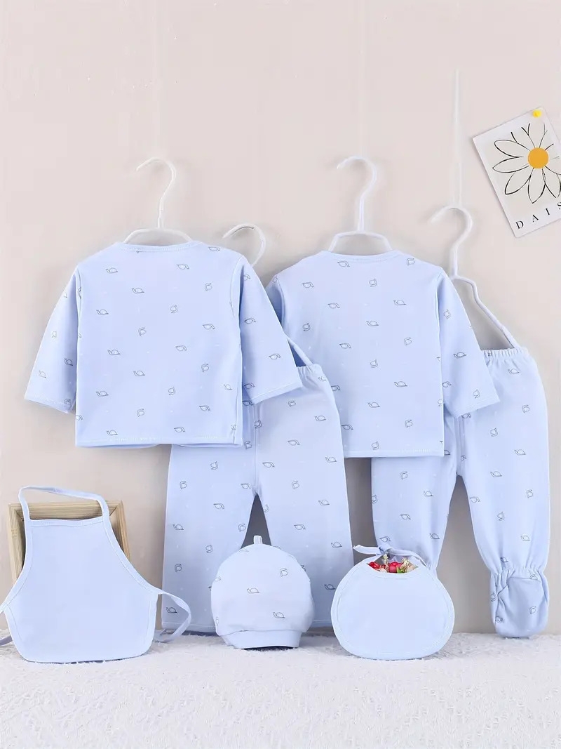 7pcs newborn outfits gifts, cute graphic baby boys girls cotton comfy clothes set - footed pants cardigan top trousers hat bib set sky blue 1