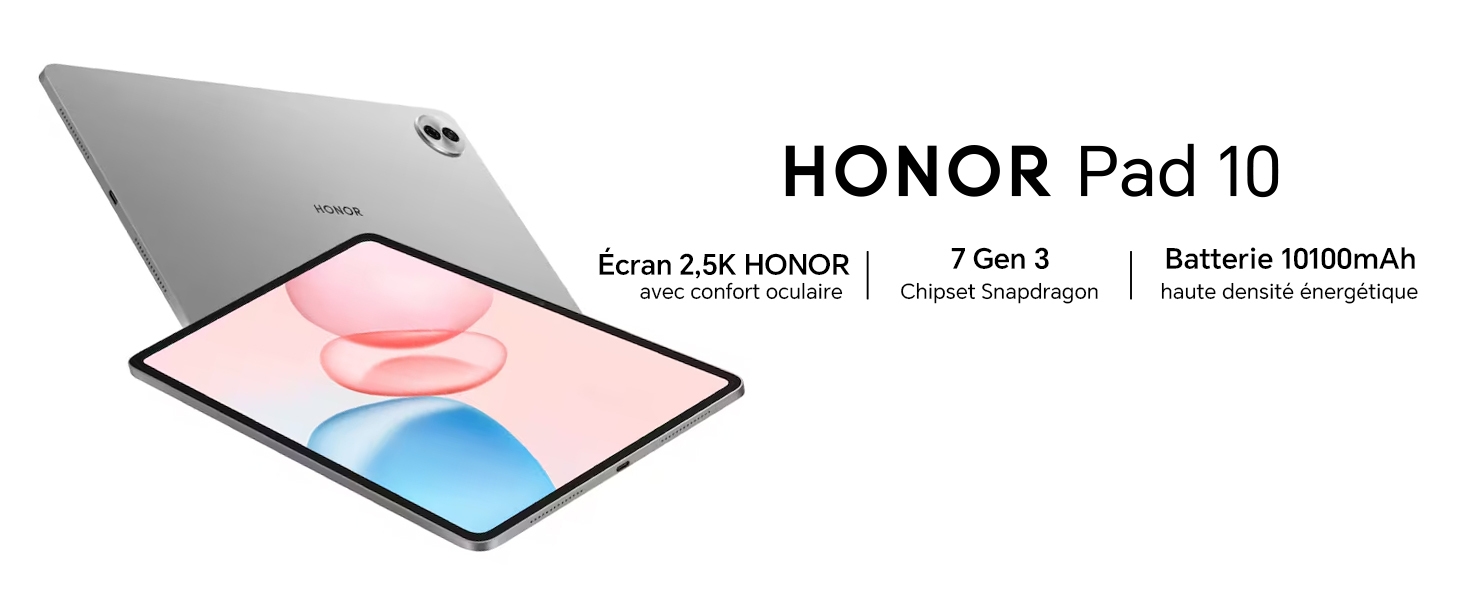 Tablette HONOR Pad 10 présentée en couleur argent/gris, affichant un design minimaliste avec un profil fin et une interface d'écran dégradé rose-bleu.