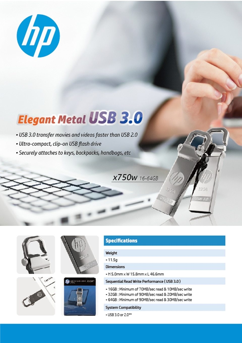 HP x750w USB Flash Drive USB 3.0 32GB 16GB High Speed Elegant Metal USB Stick 16gb Pendrive Flash Drive Customized Logo Pen drive (5)