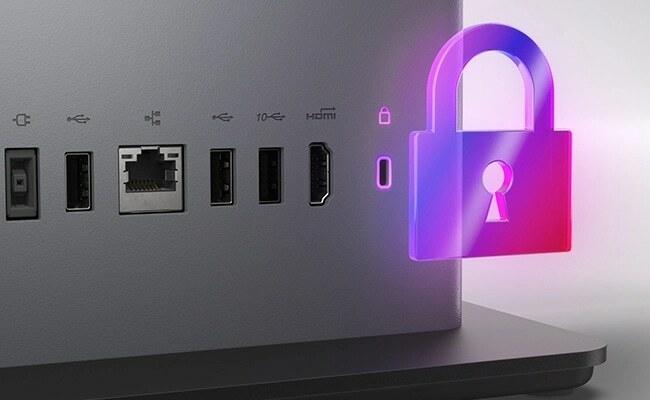 Écran Intel Lenovo ThinkCentre Neo 50a Gen 5 24 pouces : vue de droite avec les ports numérotés, suivie de la vue arrière avec les ports numérotés et se terminant par la vue de gauche avec les ports numérotés.