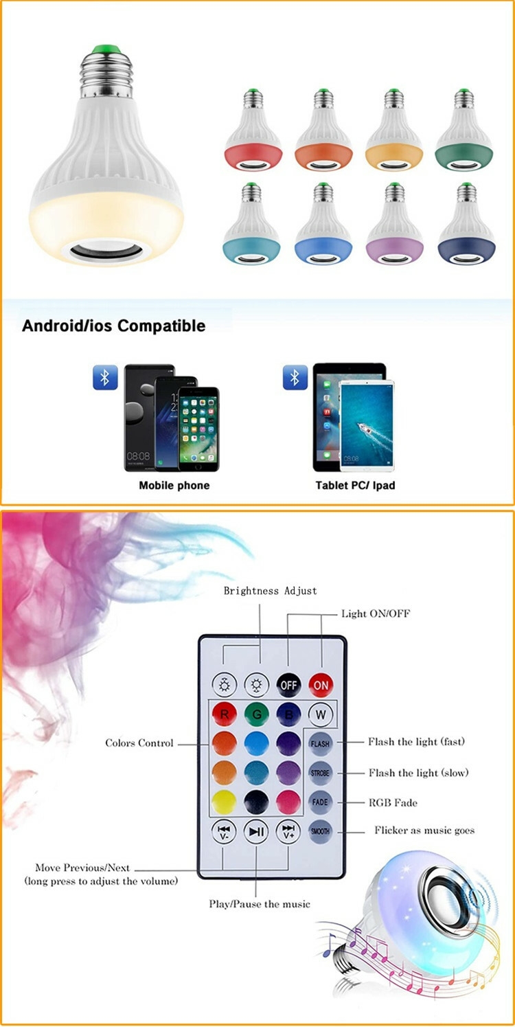 Ampoule à changement de couleur avec télécommande, haut-parleur 12W E27 lecture de musique RGB ampoule Led intelligente