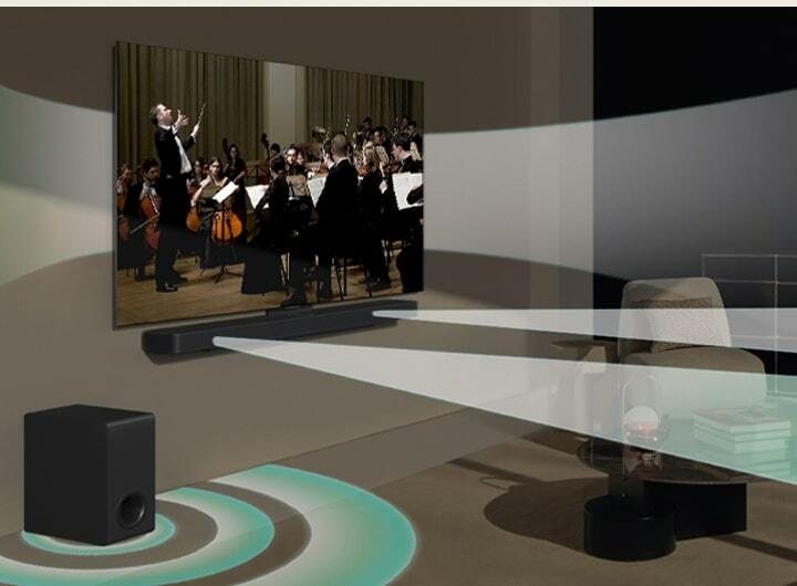 Une scène de concert est diffusée sur la LG TV accrochée au mur. L'effet sonore virtuel sort simultanément de la LG TV, de la LG Soundbar S40T et de son caisson de basses, montrant comment le WOW Orchestra est créé.