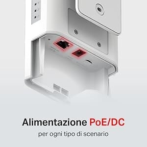 Le texte indique « Alimentazione PoE/DC ». Série d'images techniques de produits montrant une caméra de sécurité blanche ou un dispositif de surveillance sous différents angles, présentant les options de montage et de connexion.