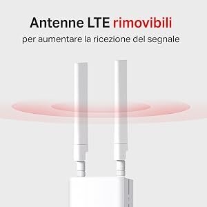 Le texte indique « Antenne LTE rimovibili » et « per aumentare la ricezione del segnale ». Les composants de l'antenne blancs sont illustrés par un graphique d'indication du signal rouge.