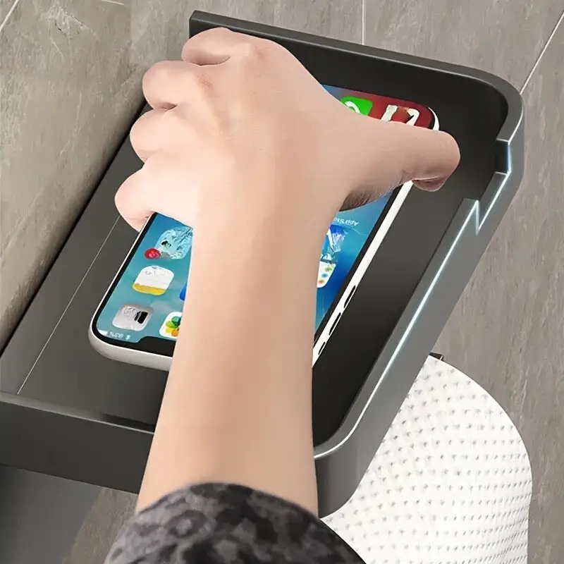 1pc punch free toilet paper holder toilet paper roll holder wall mounted toilet paper holder bathroom paper holder with mobile phone holder self   wall holder bathroom accessories details 2