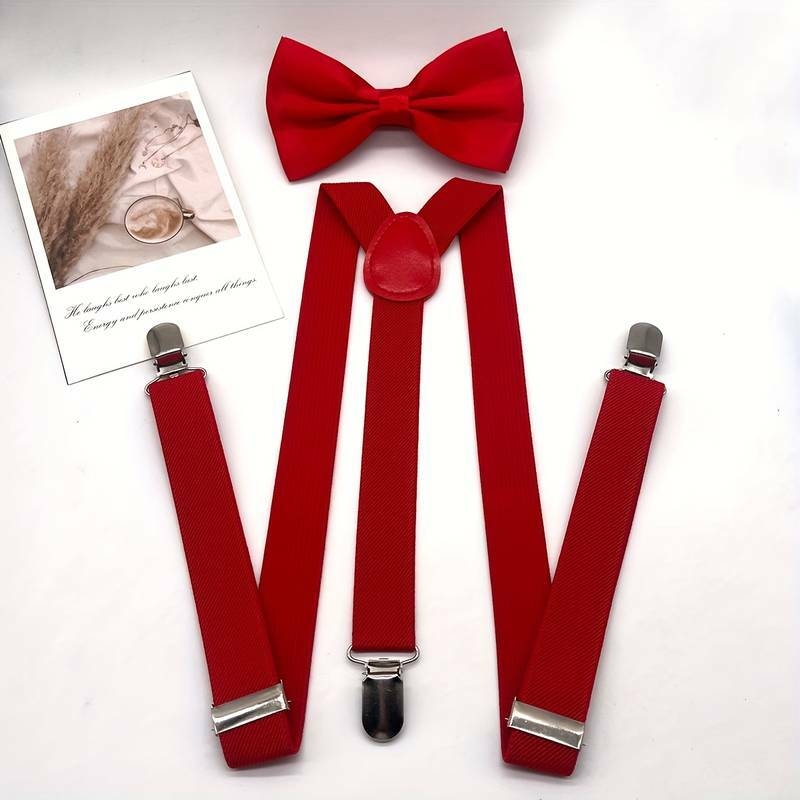 2pcs Ensemble nœud papillon décontracté uni pour hommes + bretelles, accessoires de vêtements pour hommes, choix idéal pour les cadeaux détails 3