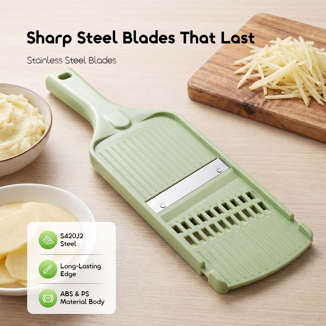 oraimo Handheld Mandoline Slicer ChopHub OHKC‑016 4 Sharp Steel Blades That Last S420J2 Steel Long‑Lasting Edge ABS & PS Material Body