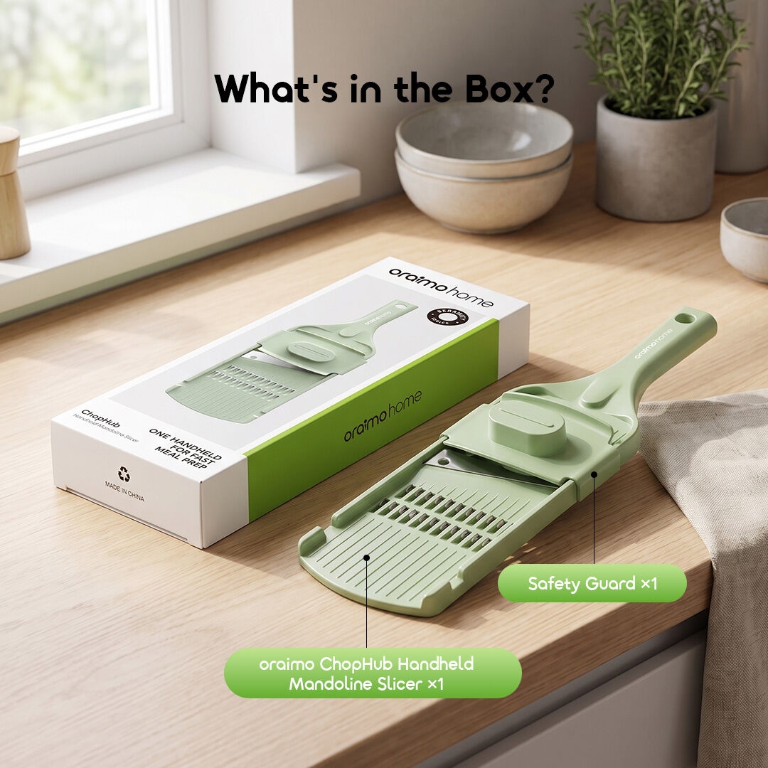 1. oraimo Handheld Mandoline Slicer ChopHub OHKC‑016 6 What's in the Box oraimo ChopHub Handheld Mandoline Slicer Safety Guard