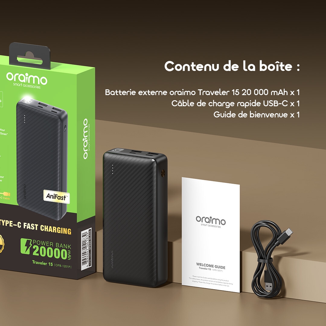 oraimo Batterie Externe 20000mAh Traveler 15 OPB 1201P 12 Boîte FR