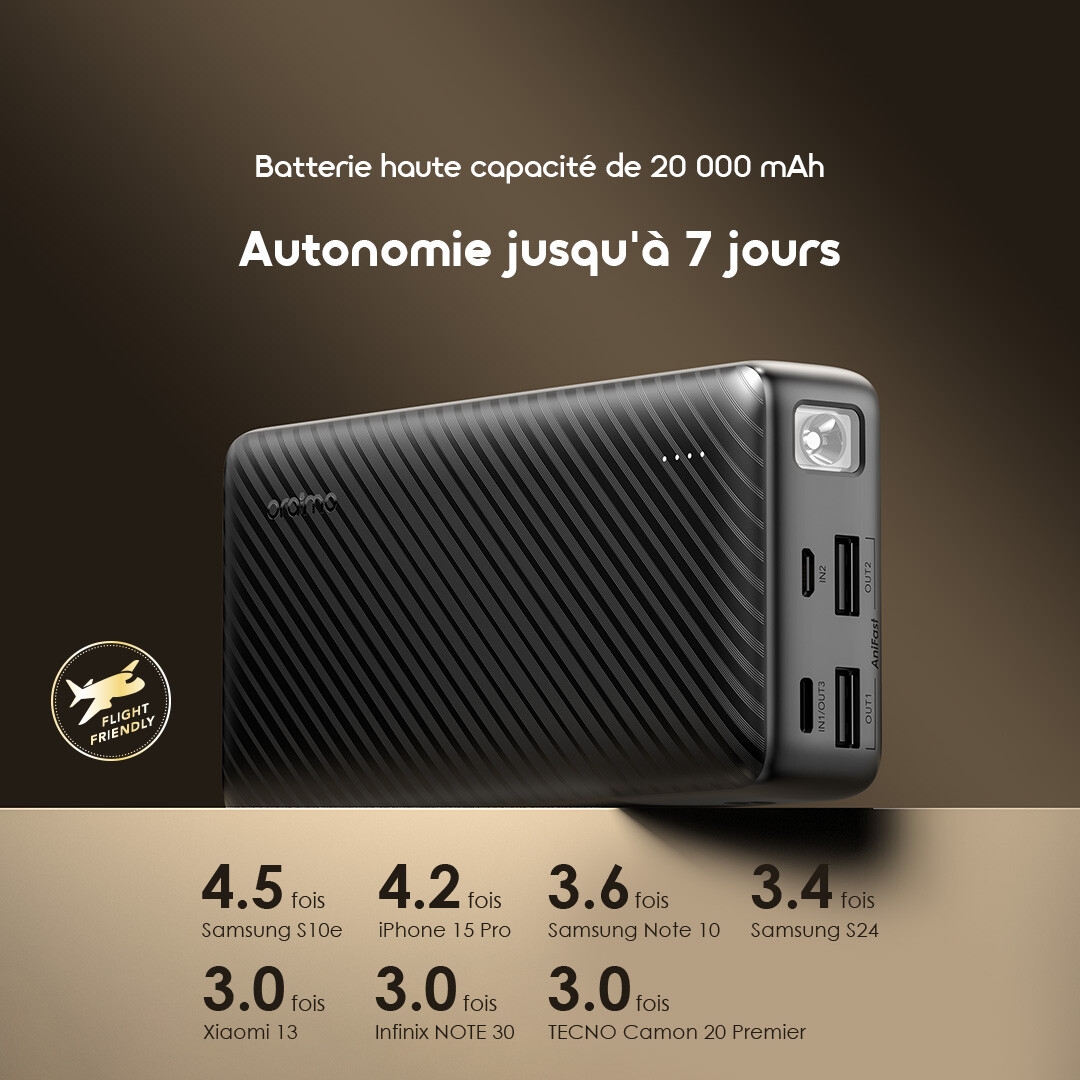 oraimo Batterie Externe 20000mAh Traveler 15 OPB 1201P 3 Capacité FR