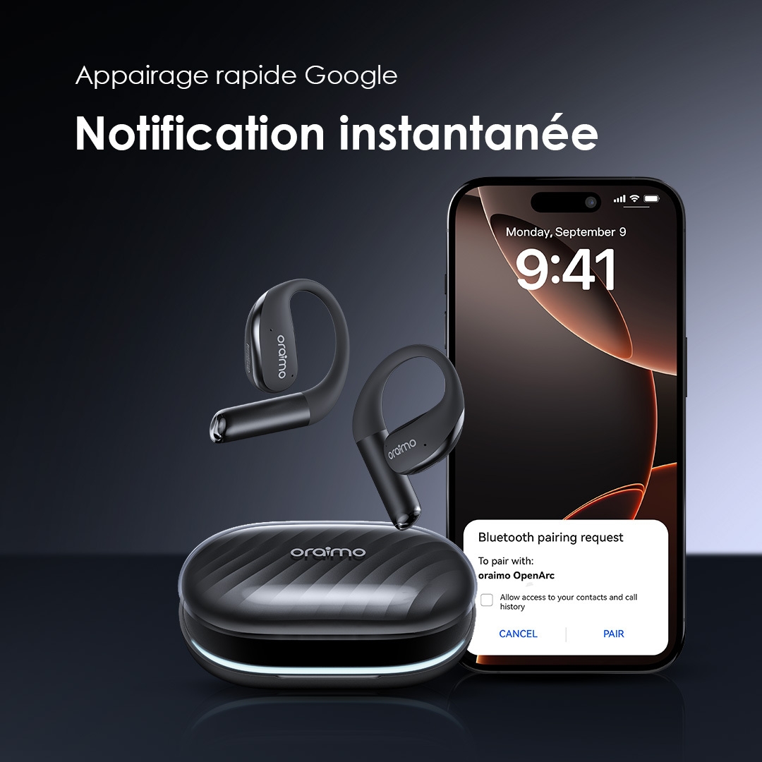 Oraimo Écouteurs Open Ear True Wireless OpenArc OPN 675 Notification instantanée