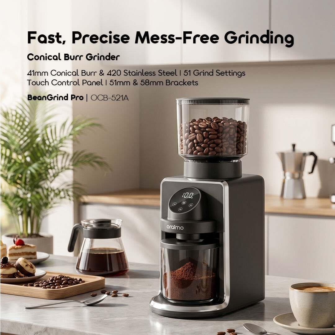 Broyeur à meules coniques oraimo BeanGrind Pro OCB-521A 01 : broyage rapide, précis et propre