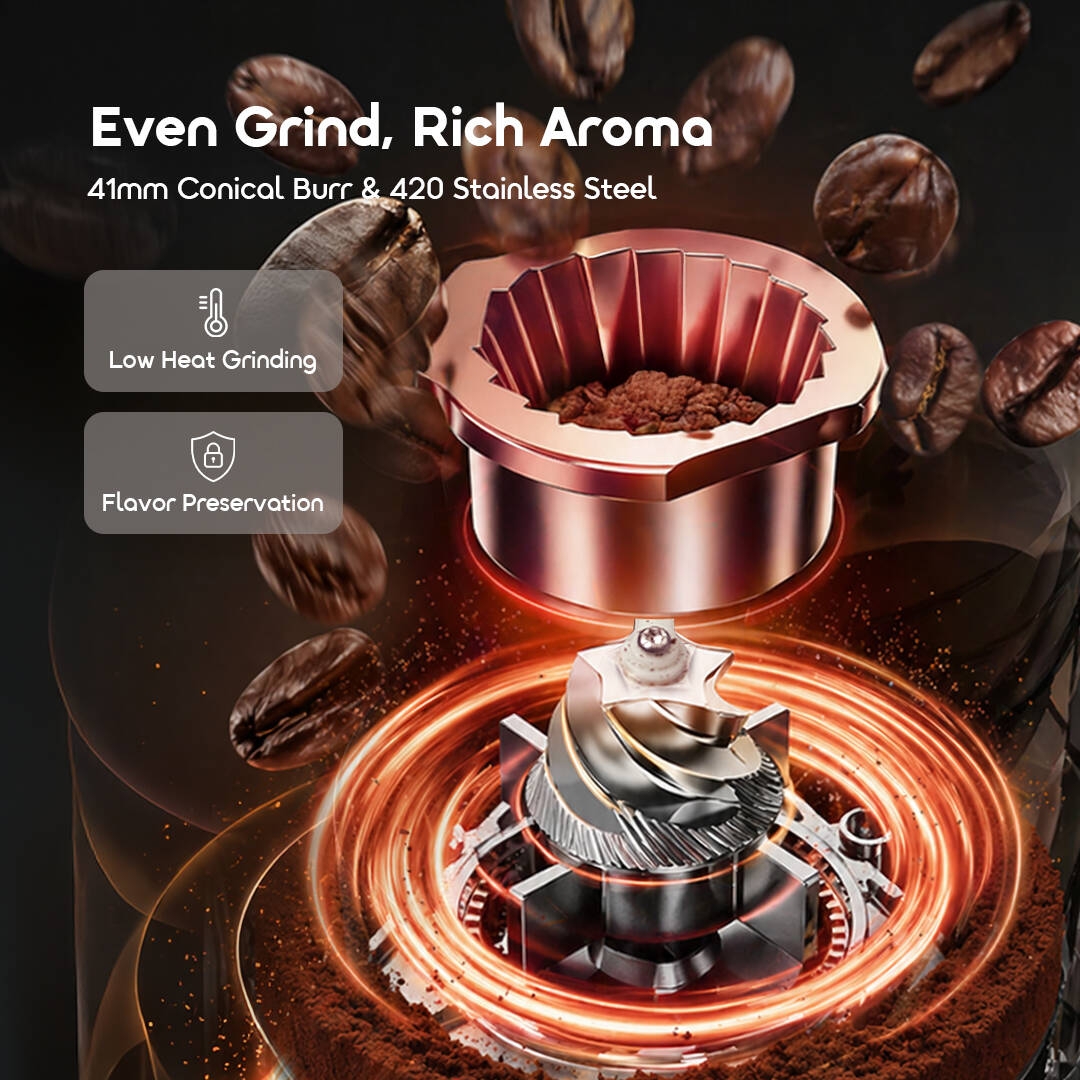 Moulin à grains à meules coniques oraimo BeanGrind Pro OCB-521A 03 : mouture homogène, arôme riche