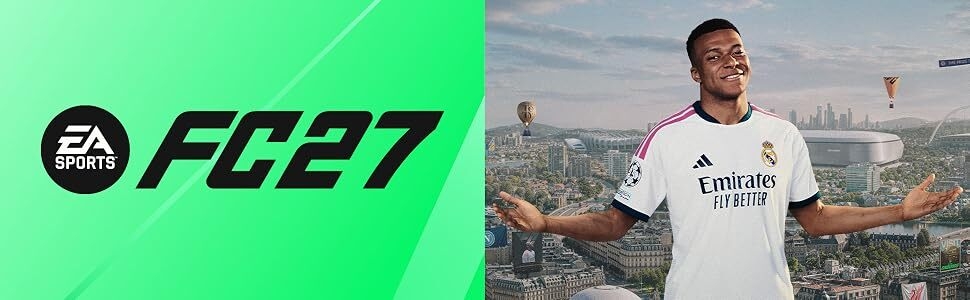Le texte indique « EA SPORTS FC 27 ». Bannière verte avec le titre du jeu et un homme portant un maillot de sport blanc sur fond d'horizon urbain.