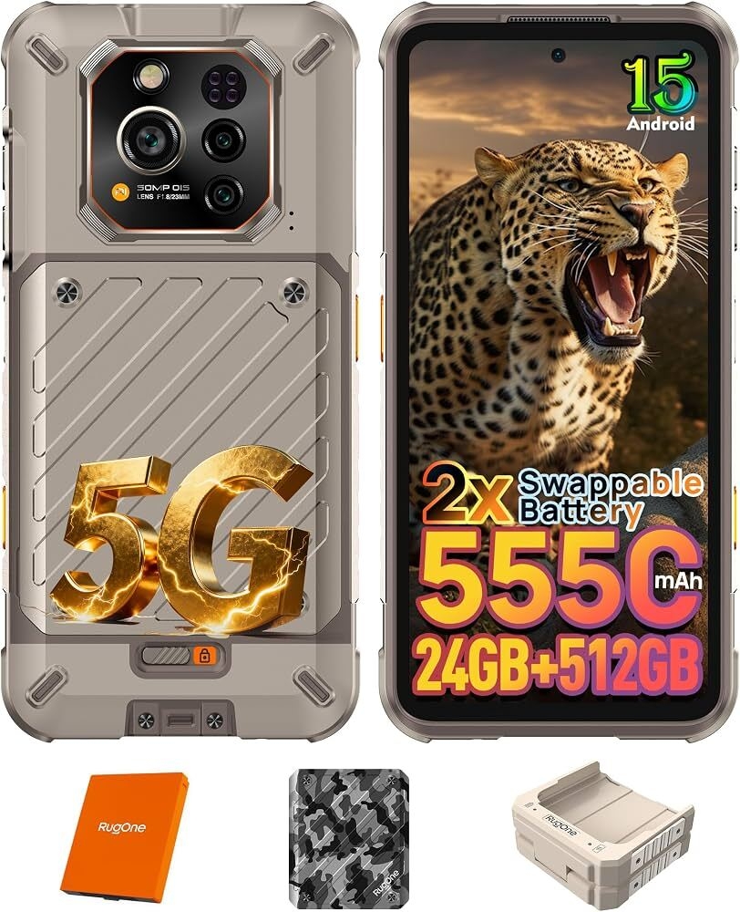 RUGONE Xever 7 Téléphone Incassable 5G AI Smartphone Incassable et Batterie Amovible (2×5550 mAh), 8-Core/24GB +512 GB/SD-2TB, 64MP Vision Nocturne+50MP OIS/EIS, 6,67