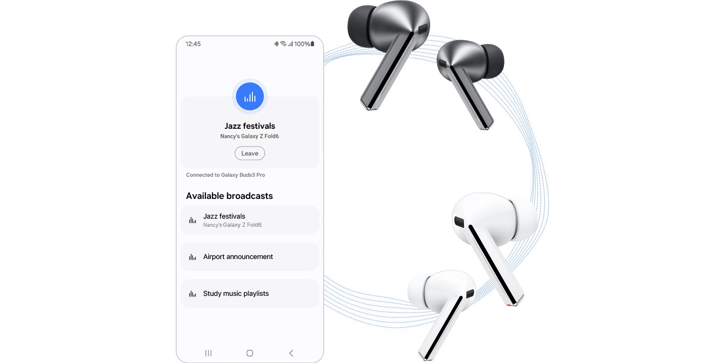 L’application Auracast est ouverte et se trouve à gauche d'un cercle constitué de lignes. En haut du cercle se trouve une paire d'écouteurs Galaxy Buds3 Pro Argent, et en bas une paire d'écouteurs Galaxy Buds3 Pro Blancs.