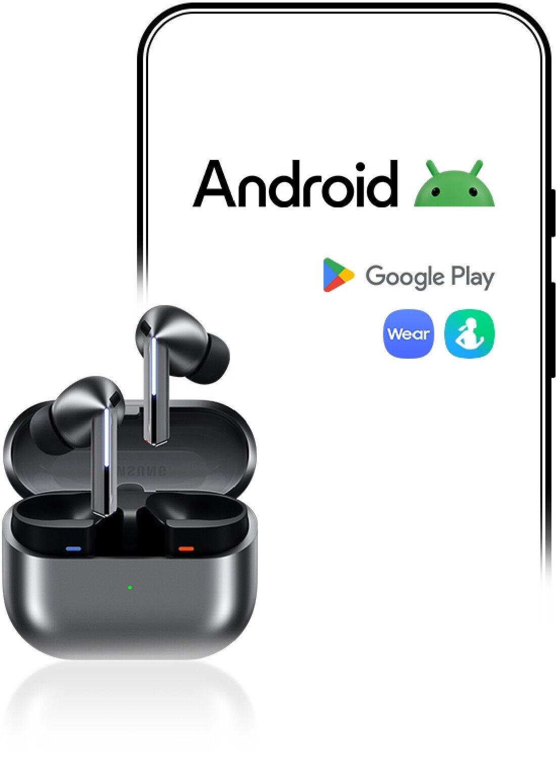 À l'arrière se trouve un smartphone Android avec le logo Android, le logo Google Play et les icônes des applications Galaxy Wearable et Samsung Health. À l'avant, on aperçoit les Galaxy Buds3 Pro.