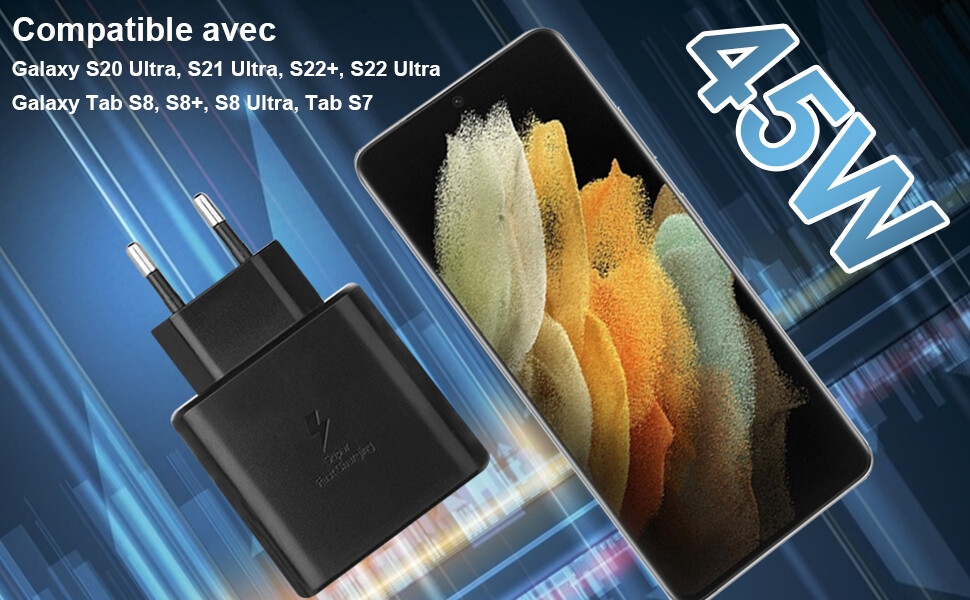 chargeur usb c s amsung 45w usb-c s22 ultra rapide