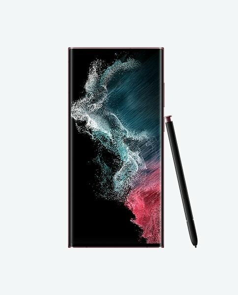 Galaxy S22 Ultra in Burgundy seen from three angles to show the front, back and sides. The …