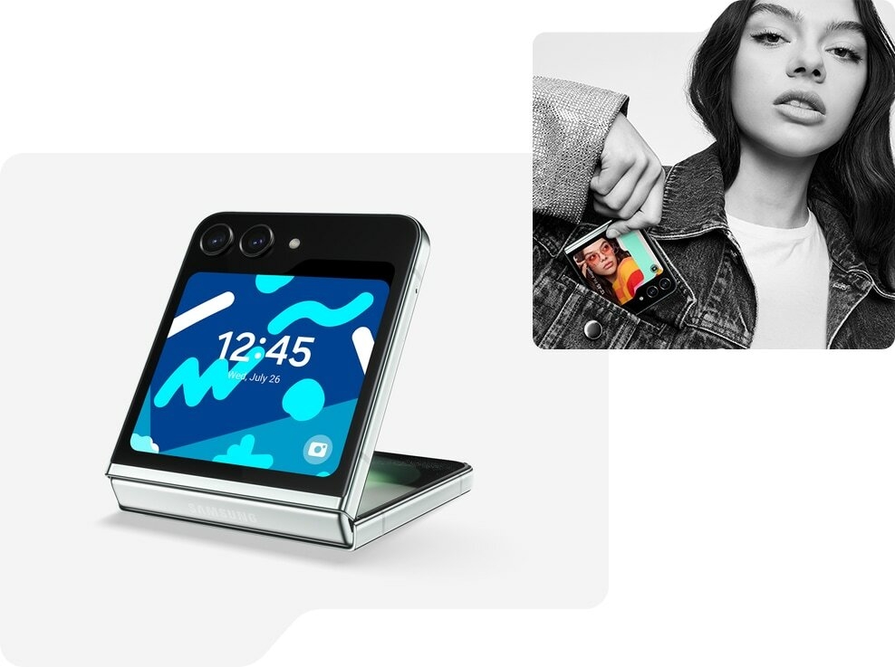 Galaxy Z Flip5 en mode Flex et vu depuis la fenêtre Flex avec un style d'horloge encadrée sur son …