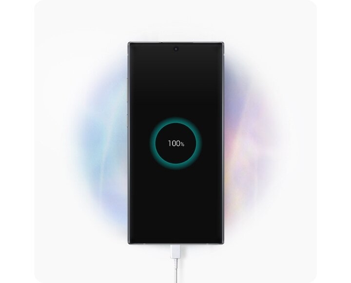 Galaxy Note10+ seen from the front plugged in to the USB Type-C cable with the charging GUI onscreen.