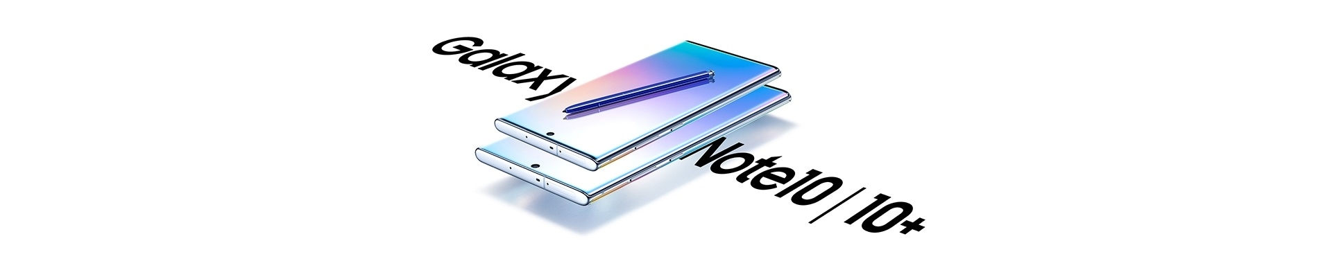 Galaxy Note10 laying on top of Galaxy Note10 plus with a S Pen on top of Galaxy Note10. Each phone has a gradient graphic onscreen and behind the phones is the text Galaxy Note10 | Note10 plus.