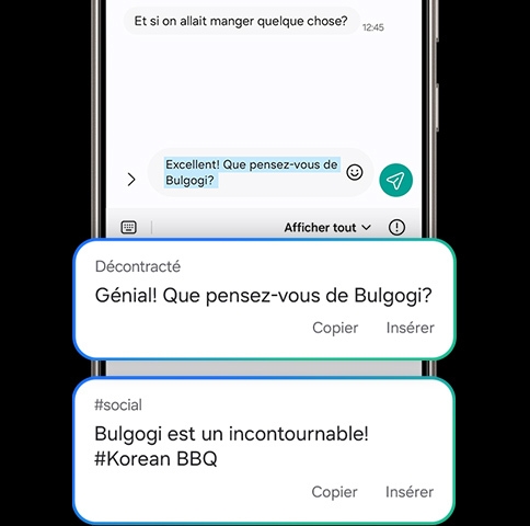 Un brouillon est écrit dans la barre d'envoi. « Super ! Et pourquoi pas des bulgogi ? » Une formulation alternative est suggérée dans différentes tonalités. Le ton décontracté dit : « Super ! Pourquoi pas un bulgogi ? » Le ton social dit : « Le bulgobi est un incontournable ! Hashtag Korean BBQ »