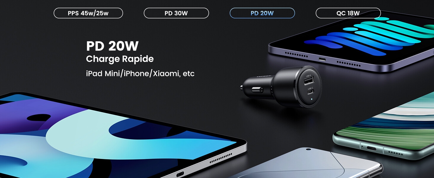 63w chargeur voiture usb c 45w pps